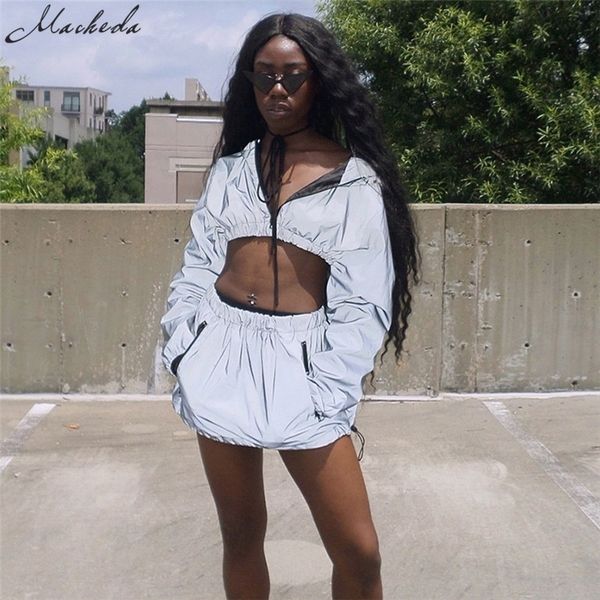 

macheda reflective two piece set short hooded pullover and skirt set gray 2 piece set women fashion skirt outfits women y200110, White