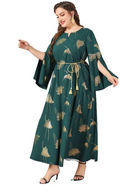 

plus gold plant print notched neckline split sleeve tassel belted dress a9ua#, Black