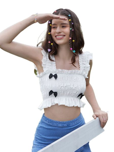 

mod shirred bow front frill tank 93fj#, White