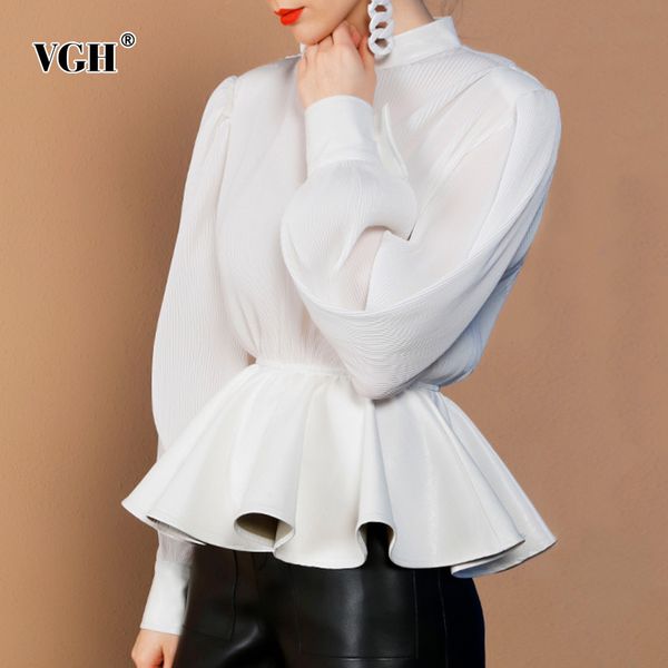 

temperament patchwork blouse for women stand collar long sleeve high waist leather ruffles blouses female fashion style 210507, White