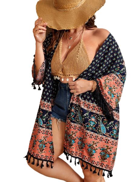 

plus paisley & floral print tassel trim kimono n4ke#, Black;gray