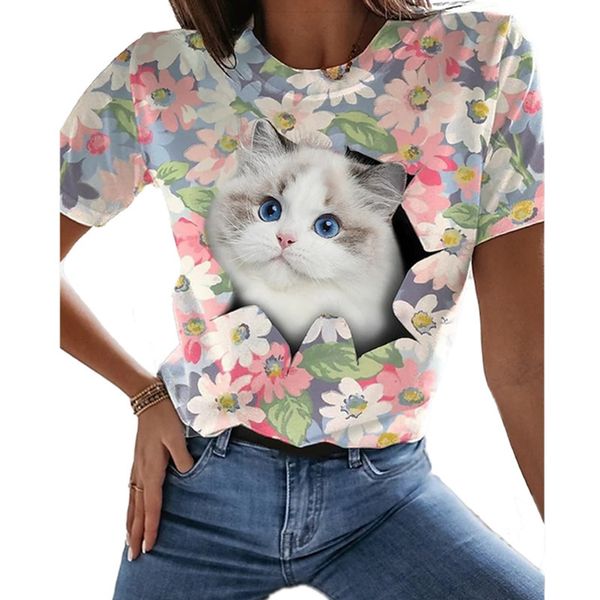 

tshirt wanita fashion musim panas tshirt lengan pendek cetak 3d digital atasan leher bulat kucing lucu longgar dan nyaman 220613, Black