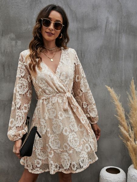 

bishop sleeve overlap collar ruffle hem belted lace dress t0sn#, Black;gray