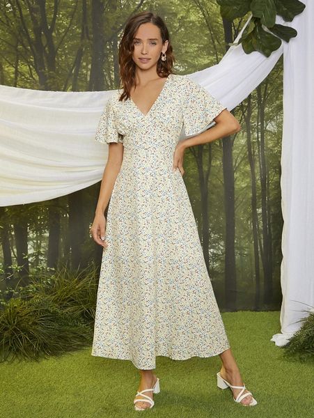 

ditsy floral flutter sleeve dress j832#, Black;gray