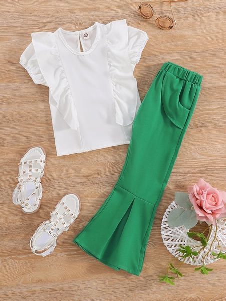 

toddler girls ruffle trim blouse with flare leg pants she, White
