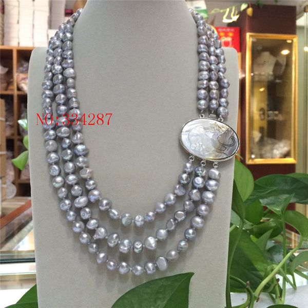 

new baroque 19&quot 3row 8-9mm pink grey white color multicolor pearls necklace seashell clasp, Silver
