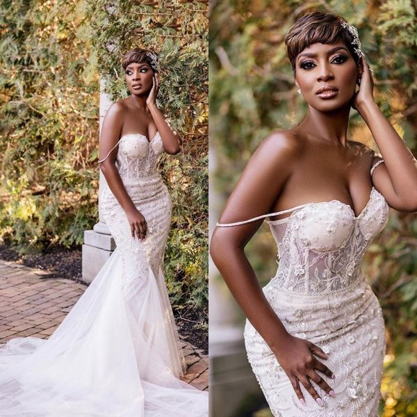 Afrikanische Meerjungfrau Brautkleider Frauen Spaghetti-trägern Spitze Applique Elegante Hochzeit Gast Kleider vestidos de novia