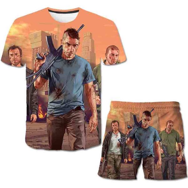 Verão 3d Grand Theft Aut Imprima camiseta terno infantil 2pcs Crianças de desenho animado