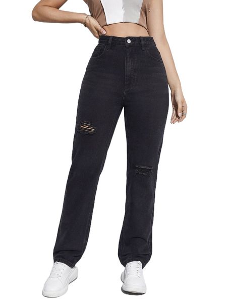 

high waist ripped frayed straight leg jeans y58o#, Blue
