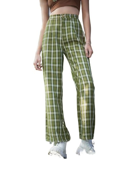 

romwe plaid straight leg pants r9b6#, Black;white