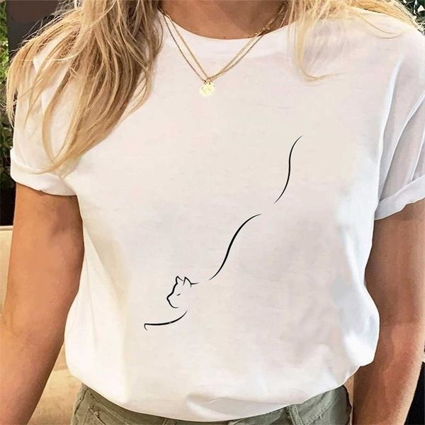 

women print tees tshirt female clothes regular short sleeve cat simple cute print ladies fashion cartoon graphic tshirt 220620, White