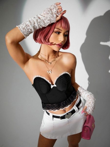 

contrast lace scallop trim bow front bustier tube 60py#, White