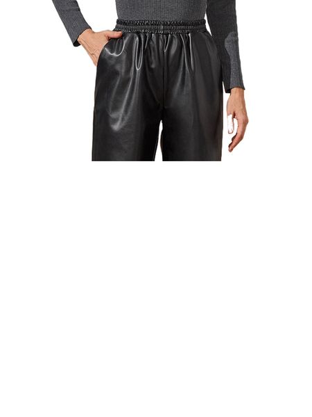 

elastic waist slant pocket pu leather pants k2ks#, Black;white