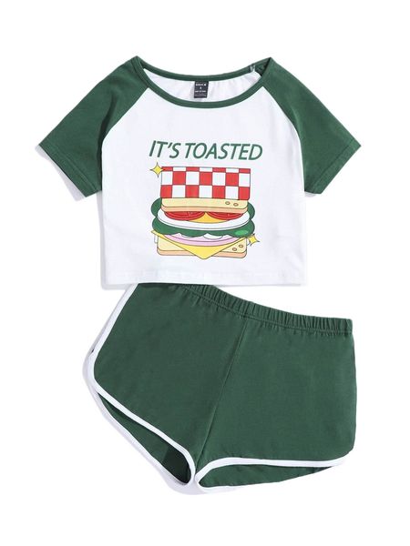 

x kellykwok hamburger & letter colorblock raglan sleeve tee & contrast binding track shorts a7wz#, White