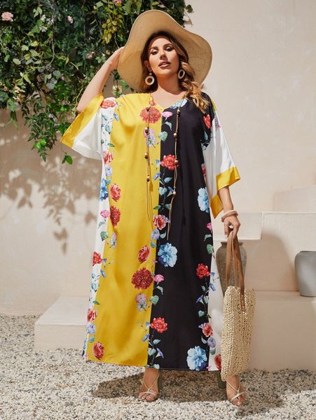 

plus floral print v neck dress n9cn#, Black