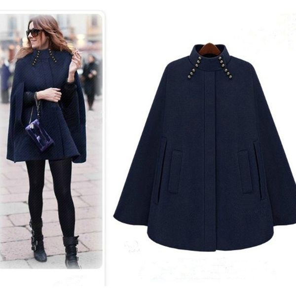 Marca do Reino Unido Poncho Autumn Winter Brown Navy Cashmere Capuz Cape Coat Women Casacos femininos manteau femme 201102