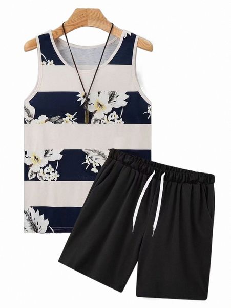 

men random floral print tank & drawstring waist shorts z1re#, Gray