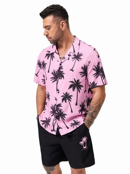 

extended sizes men coconut tree print shirt & shorts v3xg#, Gray
