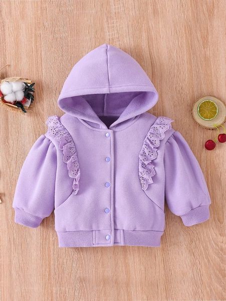 

baby eyelet embroidery ruffle trim button front thermal lined hoodie she, Black
