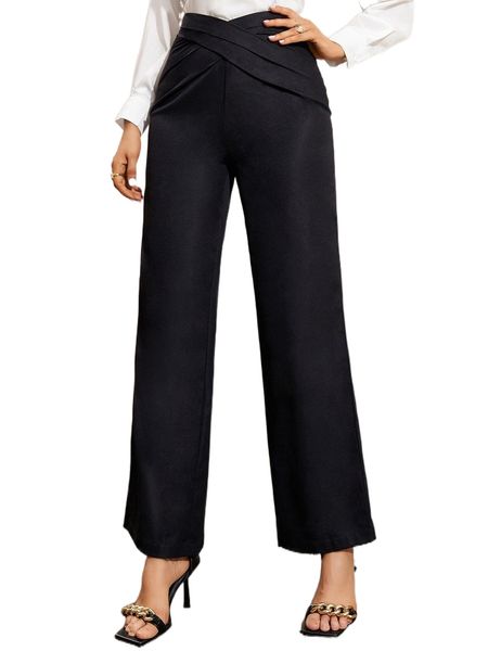 

high waist zipper back wide leg pants i6px#, Black;white