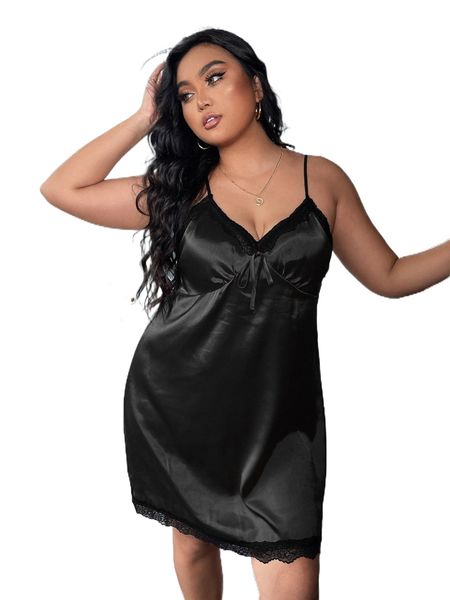 

plus tie front lace trim satin nightdress r51g#, Black;white
