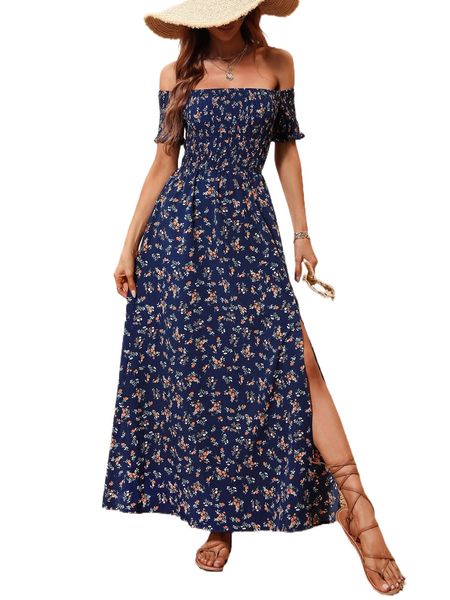 

ditsy floral print off shoulder shirred split thigh dress i5wg#, Black;gray
