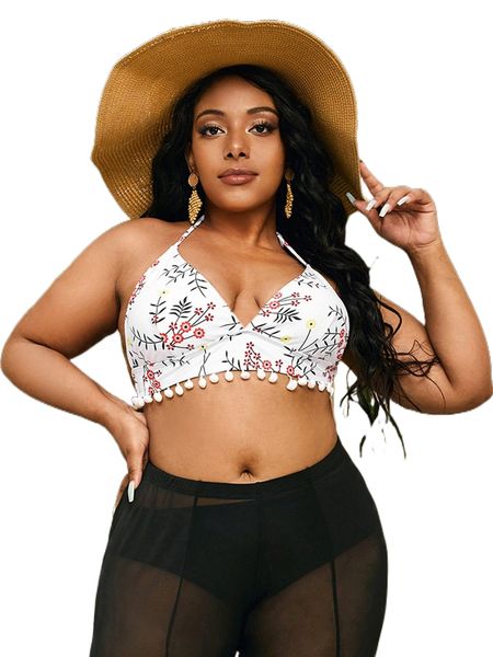 

plus floral print pom pom trim halter bikini k4pe#, Black