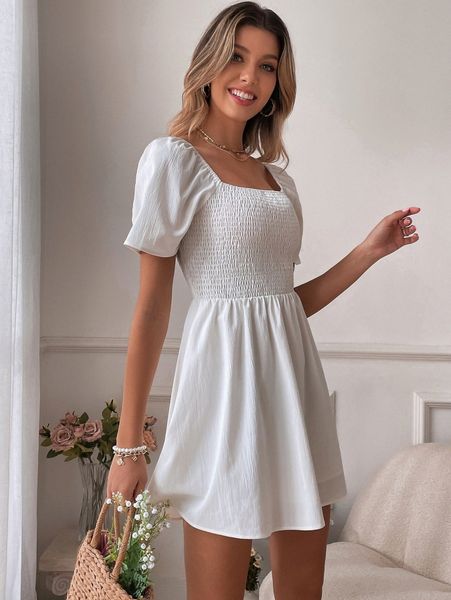 

square neck a-line shirred ruffle hem dress 04jh#, Black;gray