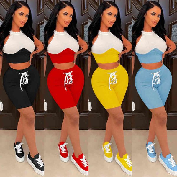 

m20795 women's summer casual print color matching two piece set, White