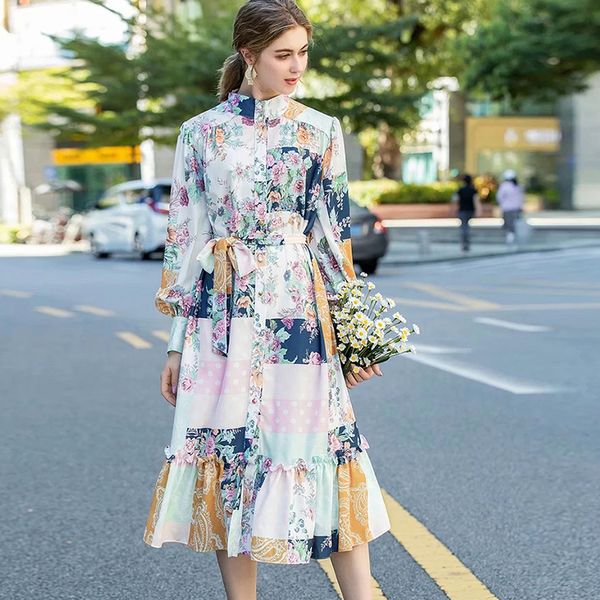

women's runway dresses stand collar long sleeves printed ruffles high street fashion casual dress vestidos, Black