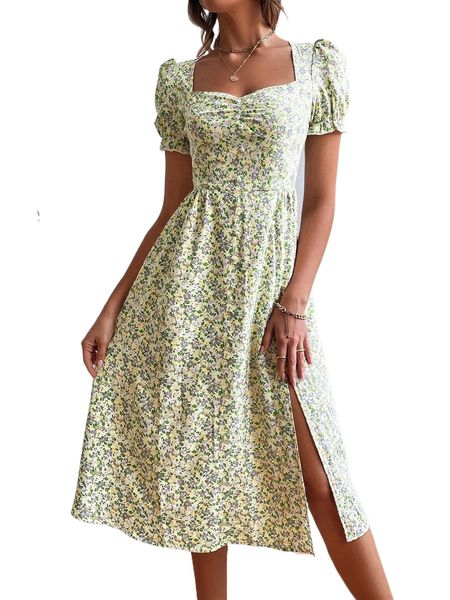 

ditsy floral puff sleeve ruched bust split thigh dress r3od#, Black;gray