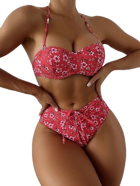 

floral print push up high waisted bikini swimsuit 66ra#, White;black