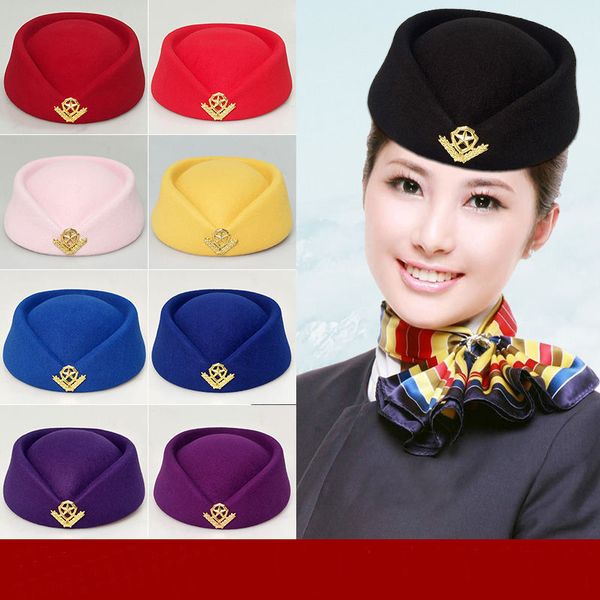 

air hostesses beret hat wool felt base cap airline stewardess stage performance hat caps, Blue;gray