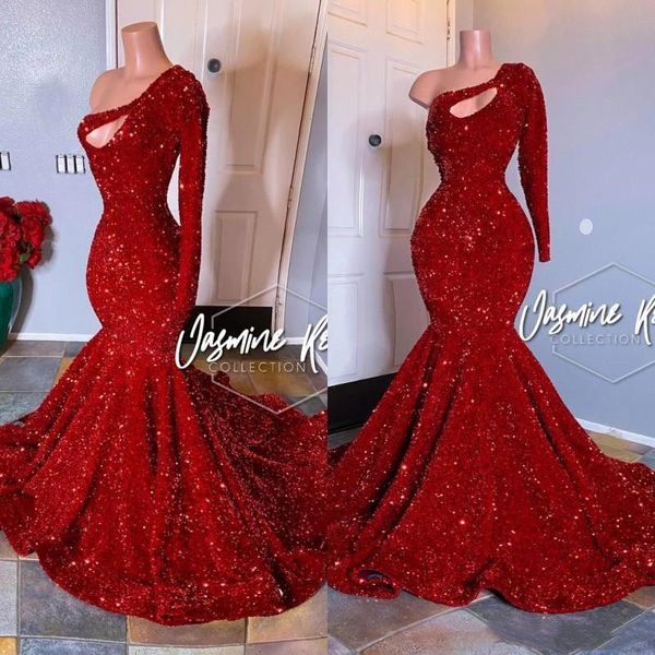 

2022 red sparkling one shoulder sequins mermaid long prom dresses long sleeve ruched evening gown plus size formal party wear gowns, Black