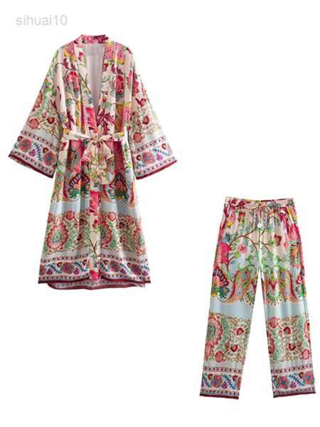 

2022 women sets long pants fit printed blouse shirt wide blowjob pants female clothing 2 piece ladies loose clothing l220725, White