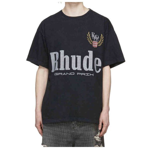 

american high street fashion brand rhude letter printing men's round neck short sleeve t-shirt street loose casual cotton, White;black
