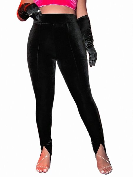 

plus split hem velvet leggings 44zr#, Black