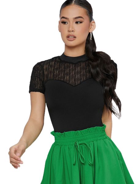 

mock neck contrast mesh tee a7dl#, White