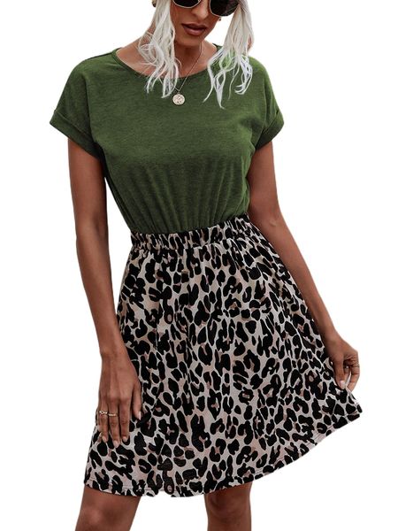 

leopard batwing sleeve 2 in 1 dress b24k#, Black;gray