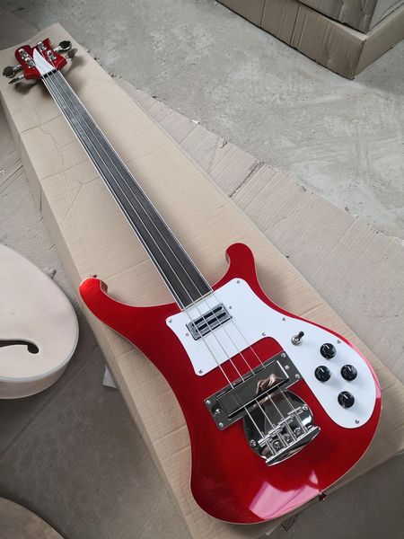 

red body 4 strings electric bass guitar with yellow binding,rosewood fingerboard,no frets,provide custom service