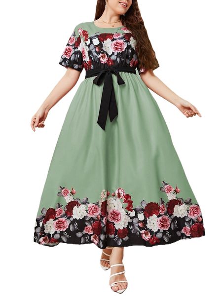 

plus floral print belted a-line dress p0pk#, Black