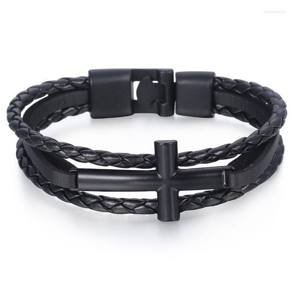 Catena a maglie Croce / Cuore Amore Ruota Bracciale con ciondoli Cinturino da uomo Corda intrecciata in pelle artificiale Chiusura in metallo nero 21 cm DLB719 Trum22