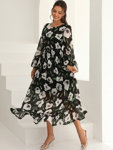 

allover floral print flounce sleeve ruffle hem dress n1ly#, Black;gray