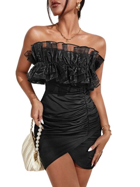 

ruffle trim ruched asymmetrical hem tube bodycon dress 91xi#, Black;gray