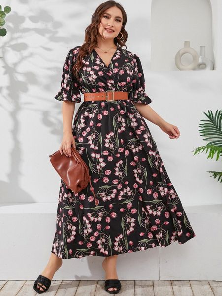 

plus floral print puff sleeve dress without belt g9in#, Black