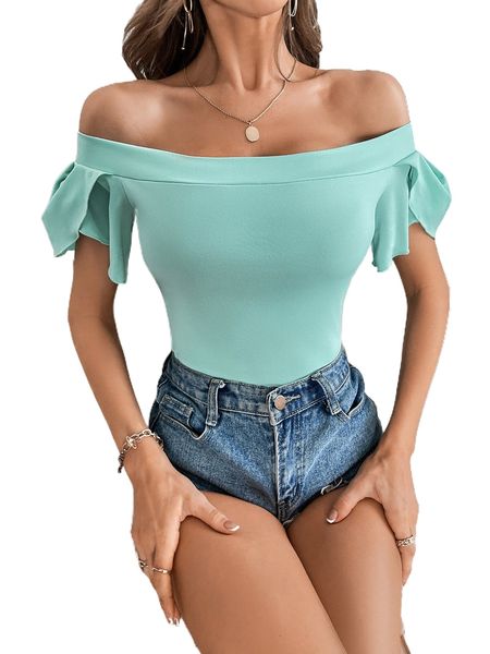 

off shoulder petal sleeve tee r9zn#, White