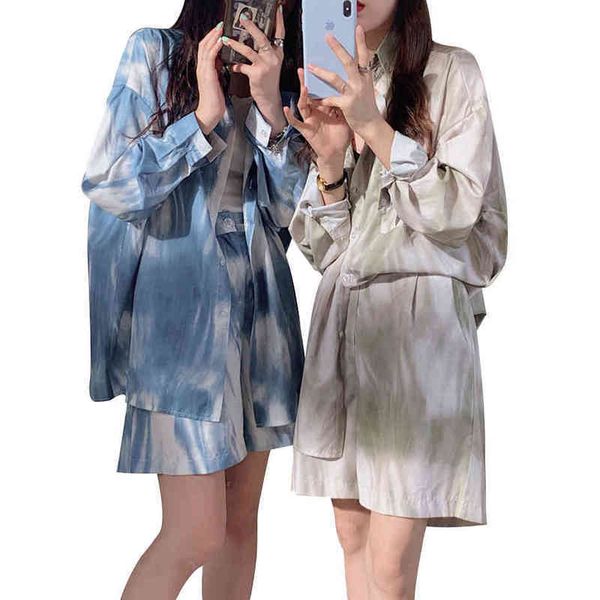 

2 piece and shorts sets women summer chic tiedye longsleeve shirt high waist casual shorts suit two piece sets outfit 210412, White