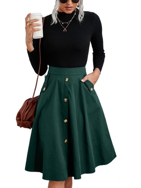 

solid single breasted flare skirt z3sc#, Black