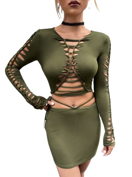

lace up cut out & bodycon skirt n0ub#, White