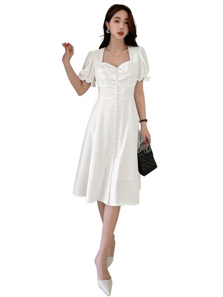 

dazy sweetheart neck puff sleeve pearl buttons front dress z7i5#, Black;gray